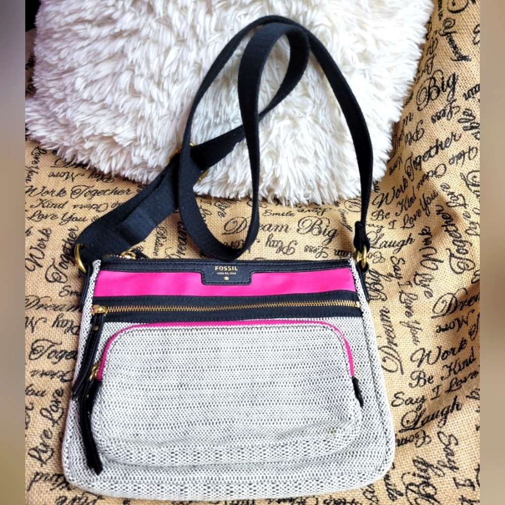 Vintage rare Fossil Devon tweed crossbody bag leather trim-grey/pink